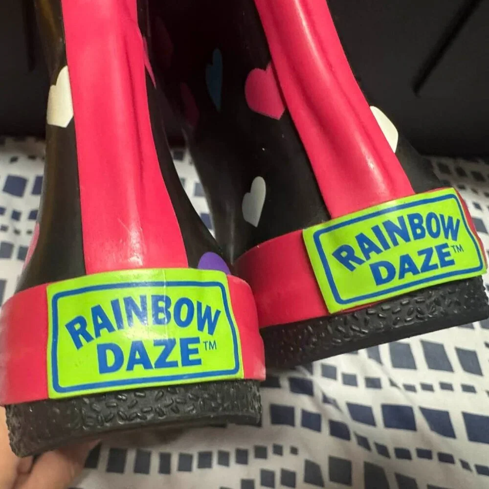 Toddler Heart Rain Boots Black Pink Waterproof Rubber Shoes Size 3